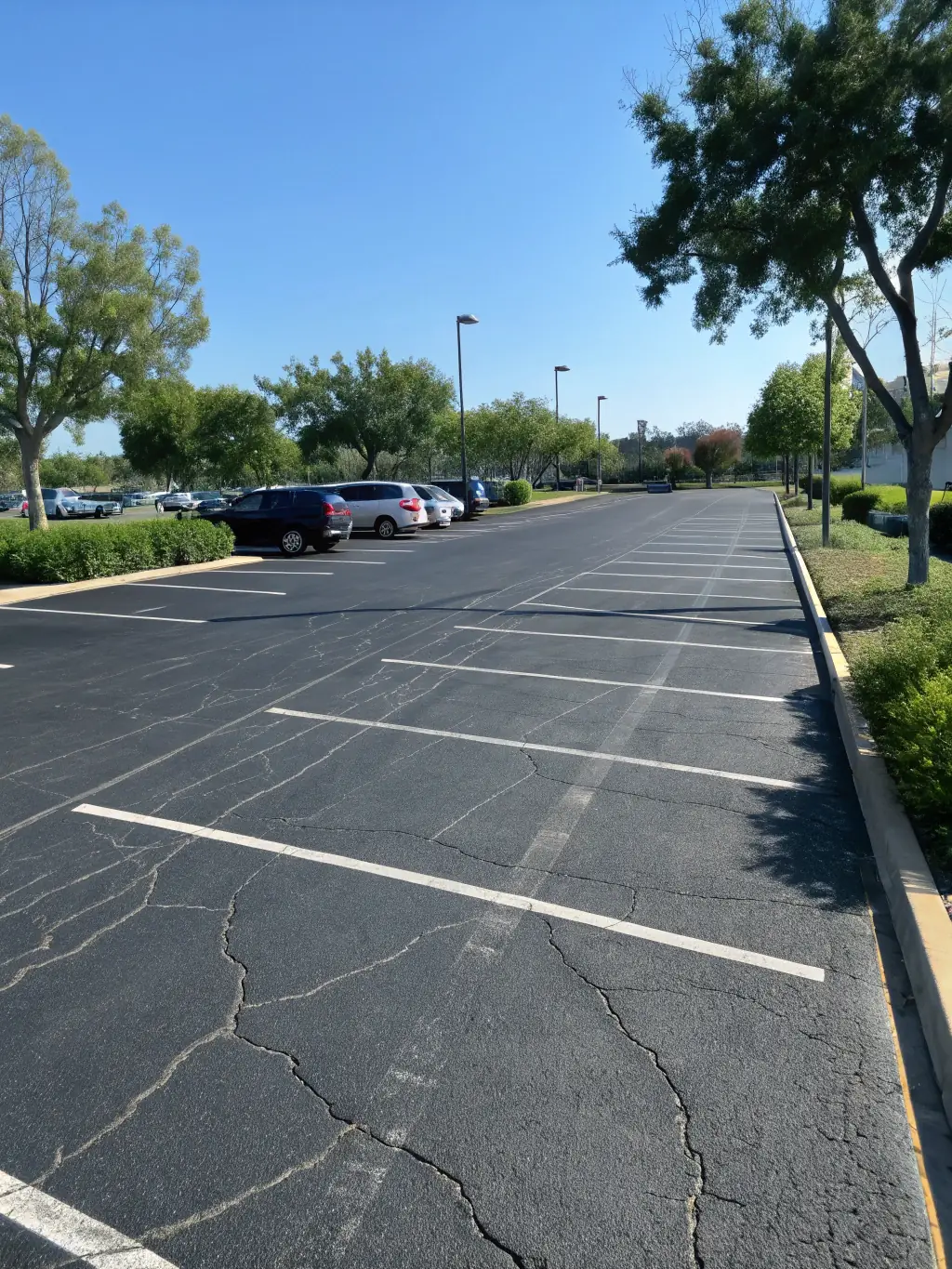 A wide shot of a commercial parking lot with freshly applied blacktop seal coating, showing crisp parking lines and a uniform, dark surface. The image should convey the scale and impact of the service.