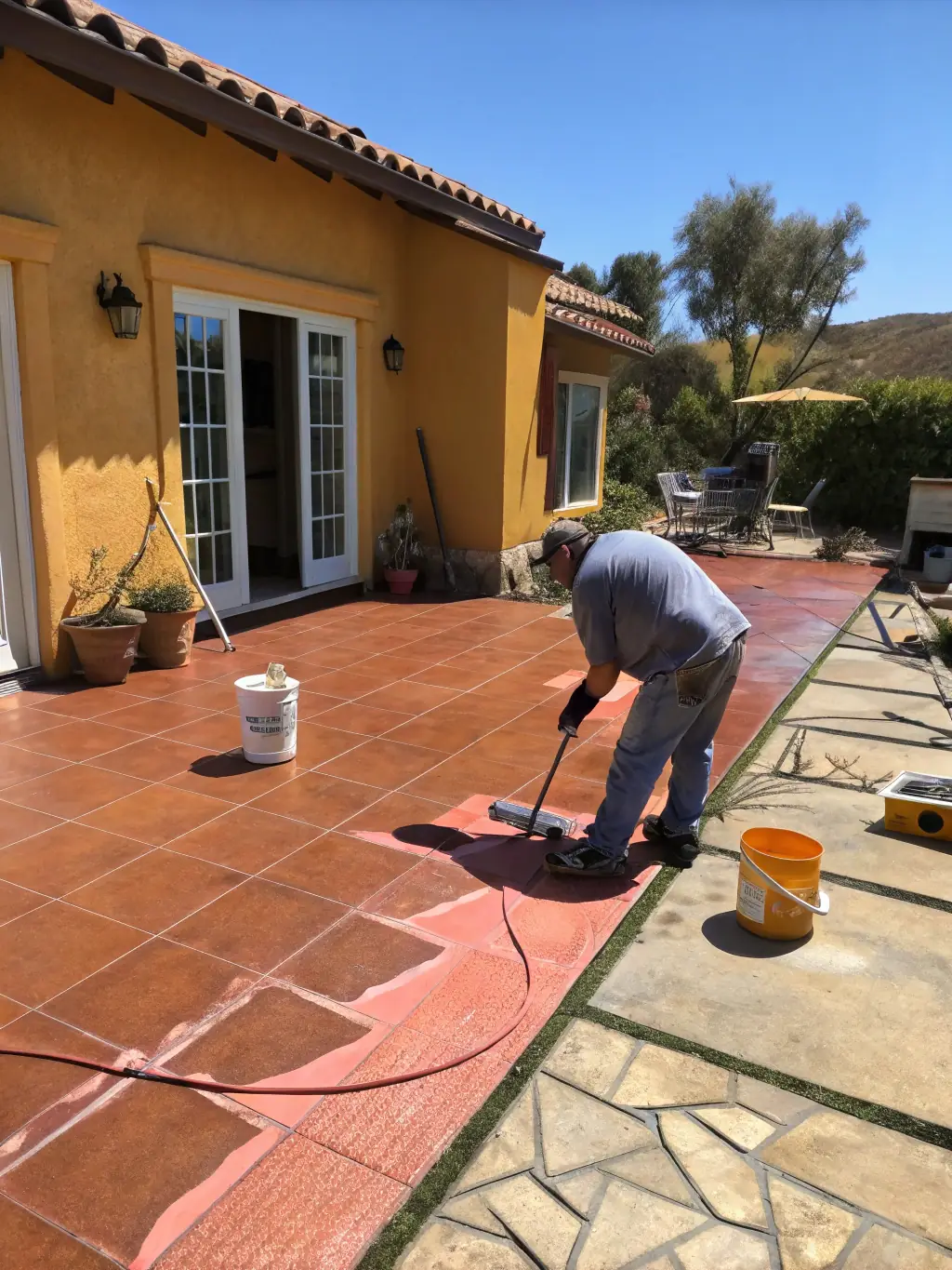A close-up shot of a technician applying sealant to pavers, showcasing the tools and techniques used to ensure a uniform and long-lasting finish. The image should convey professionalism and expertise.
