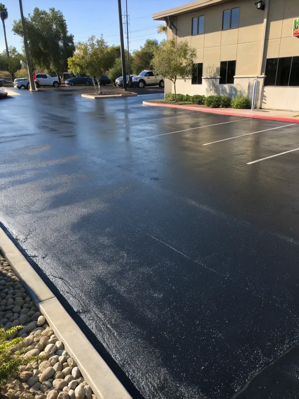 A close-up image of a freshly sealed blacktop surface, showcasing its smooth finish after On Point Pressure Cleaning's seal coating service.