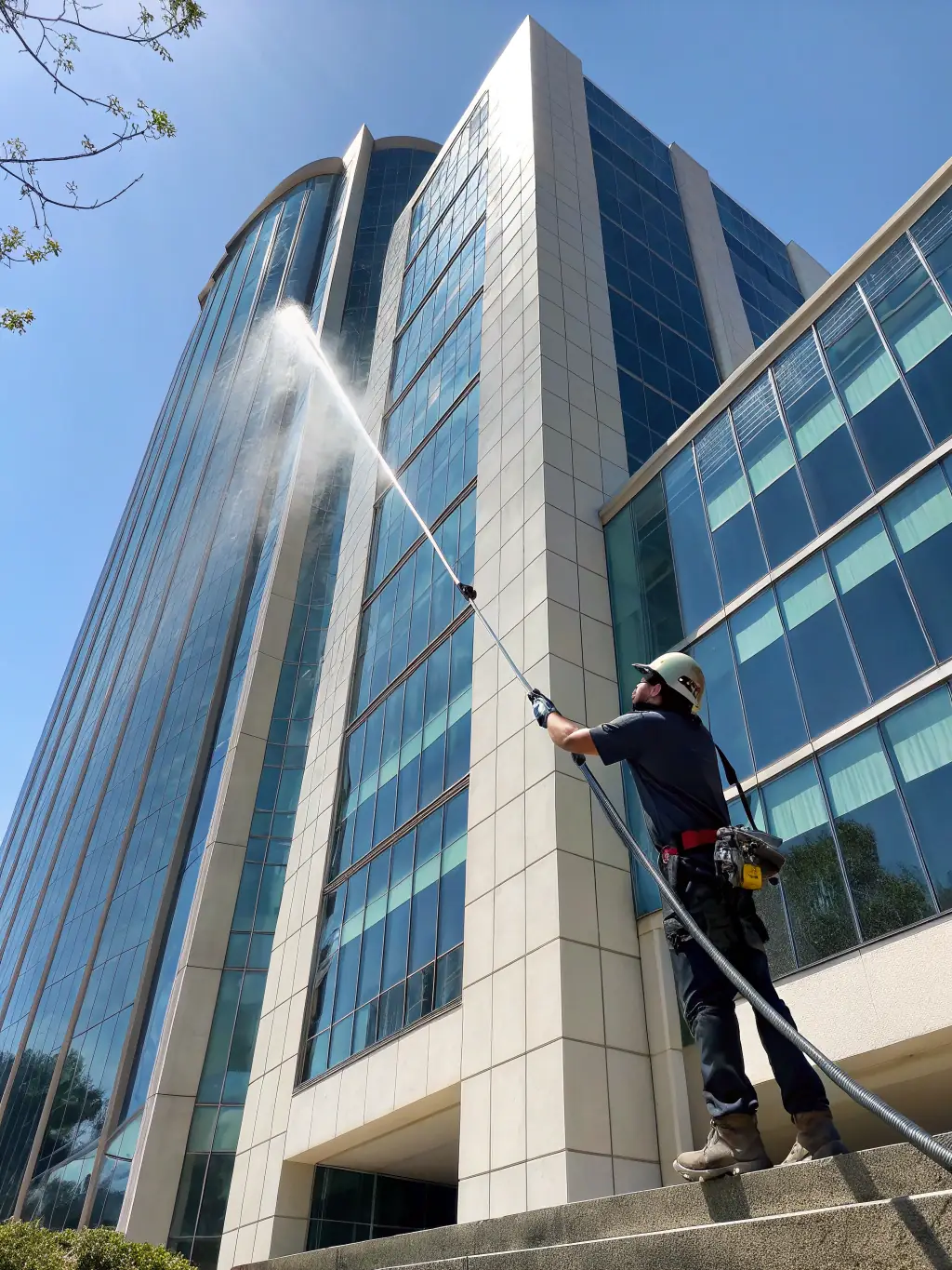 A worker from On Point Pressure Cleaning using specialized equipment to clean a commercial building's exterior, ensuring a thorough and safe cleaning process.